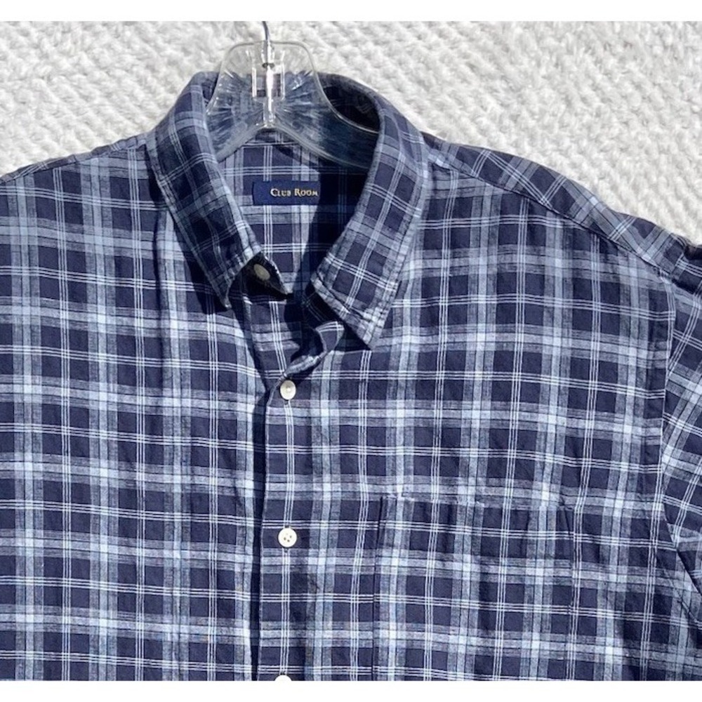 Vtg Mens M Club Room Linen‎ Cotton Plaid Short Sleeve Button Down Blue Shirt